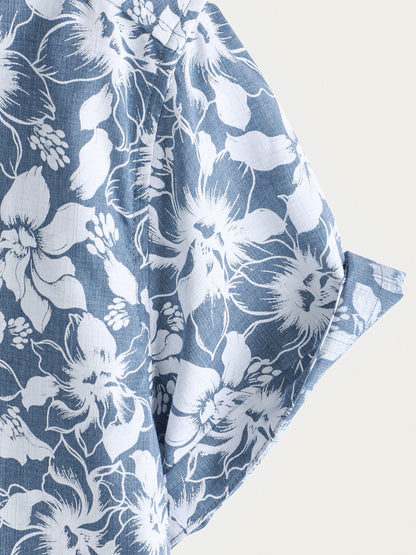 Men's Holiday Floral Print Hawaiian Beach Cotton Short Sleeve Shirt