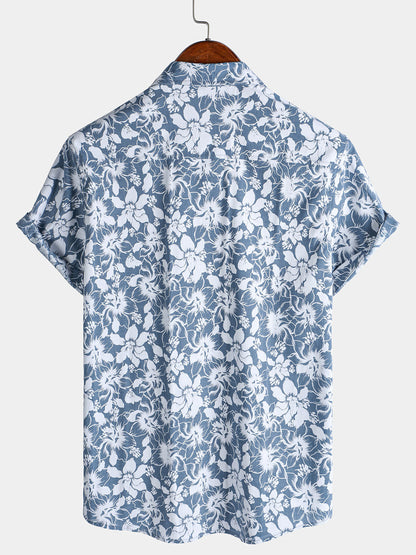 Men's Holiday Floral Print Hawaiian Beach Cotton Short Sleeve Shirt