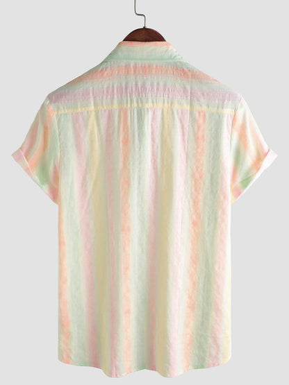 Men's Retro Colorful Striped Holiday Button Up Casual Short Sleeve Shirt
