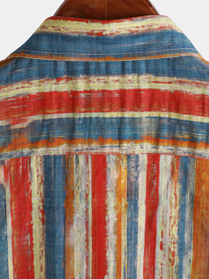 Men's Casual Retro Multicolor Striped Holiday Button Up Short Sleeve Shirt