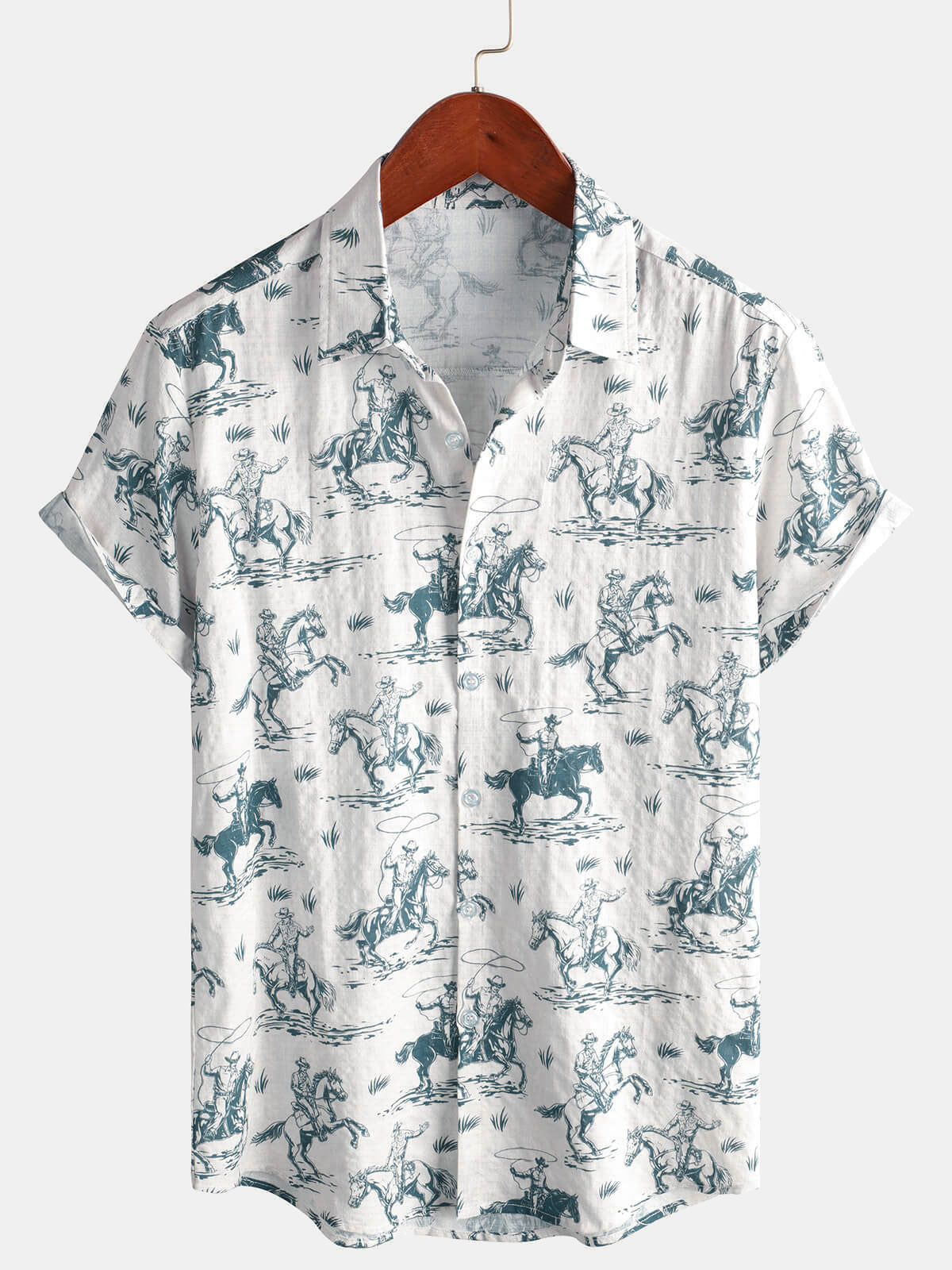 Men's Horse Print Cowboy Button Up Holiday Short Sleeve Shirt