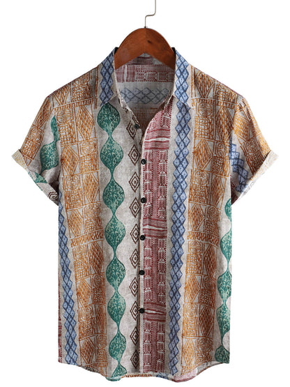 Men's Retro Striped Print Holiday Button Up Short Sleeve Shirt
