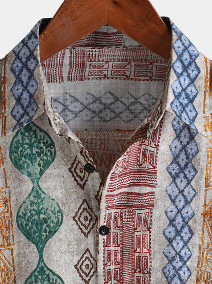 Men's Retro Striped Print Holiday Button Up Short Sleeve Shirt