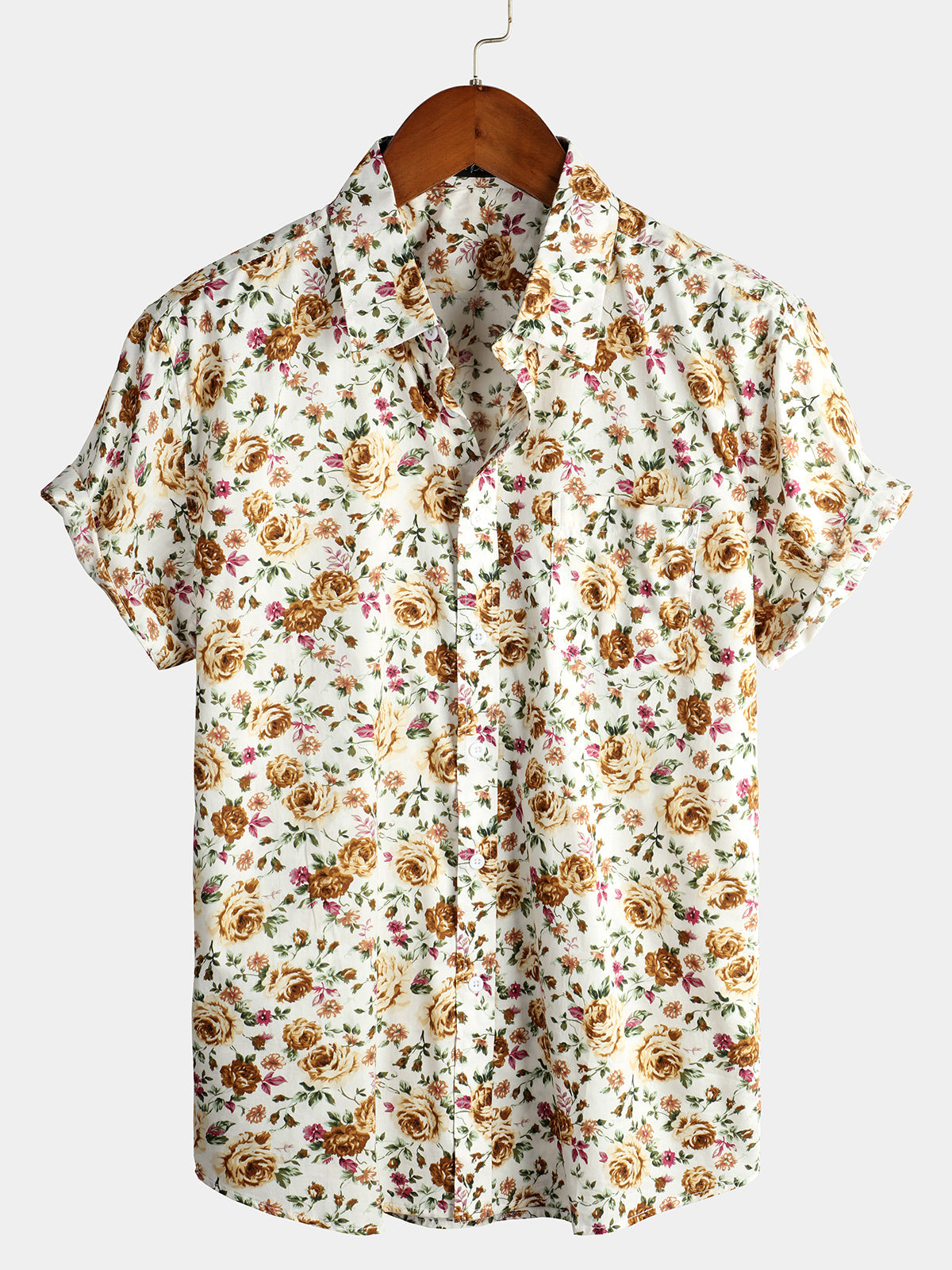 Men's Rose Cotton Pocket Short Sleeve Shirt