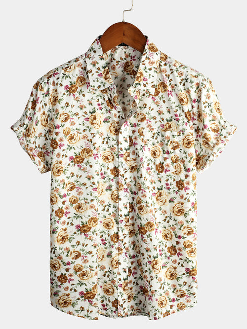Men's Rose Cotton Pocket Short Sleeve Shirt