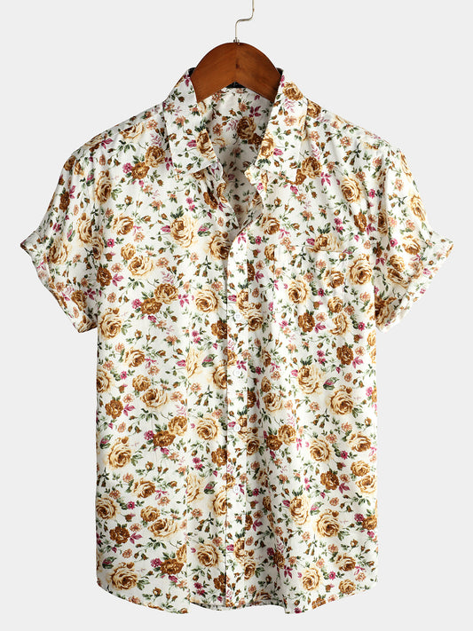 Men's Rose Cotton Pocket Short Sleeve Shirt
