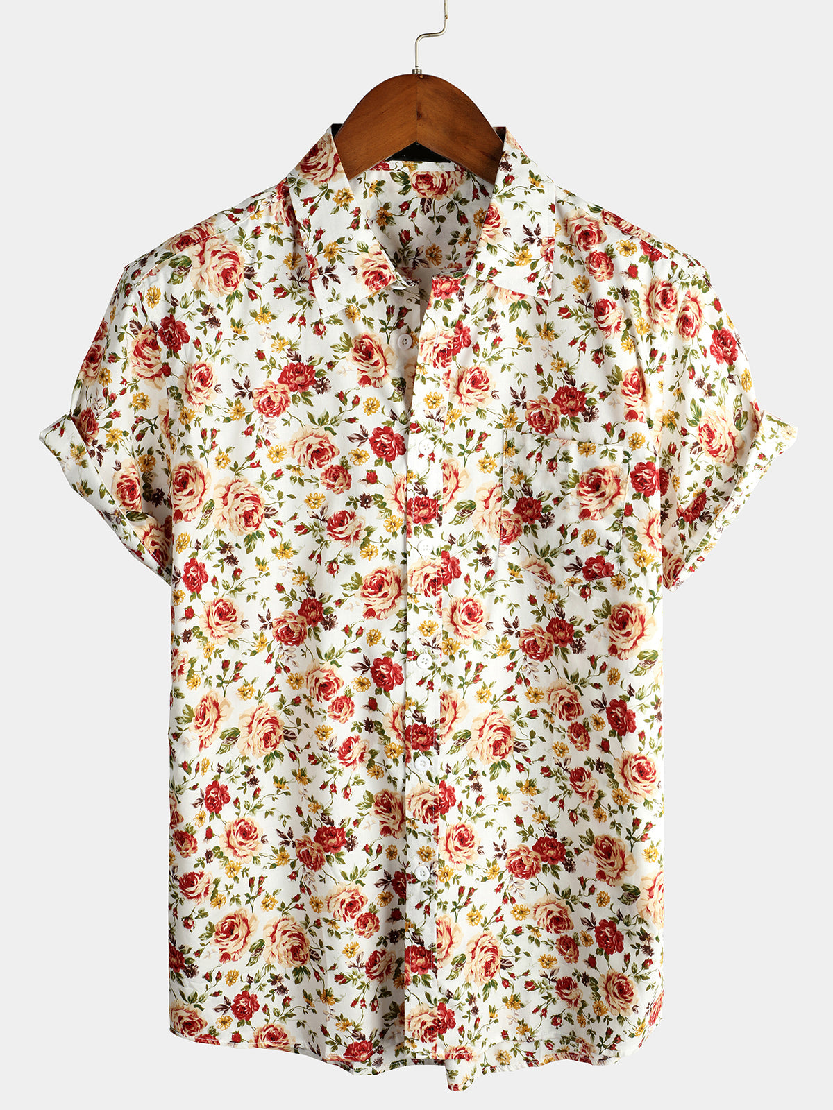 Men's Rose Cotton Pocket Short Sleeve Shirt