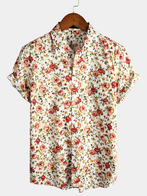 Men's Rose Cotton Pocket Short Sleeve Shirt