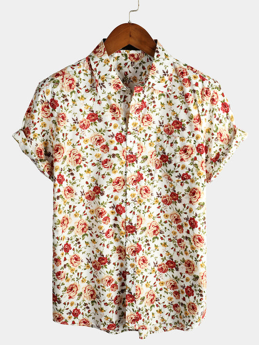 Men's Rose Cotton Pocket Short Sleeve Shirt