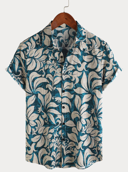 Men's Casual Vintage Holiday Floral Button Up Short Sleeve Shirt