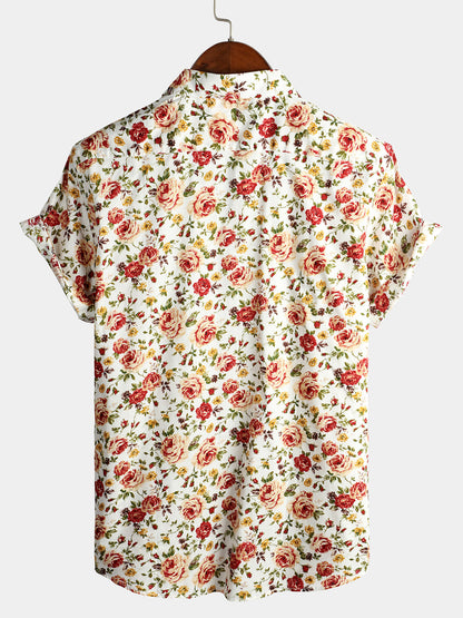 Men's Rose Cotton Pocket Short Sleeve Shirt