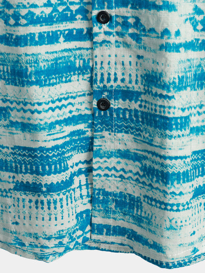 Men's Blue Vintage Pocket Holiday Summer Short Sleeve Button Shirt