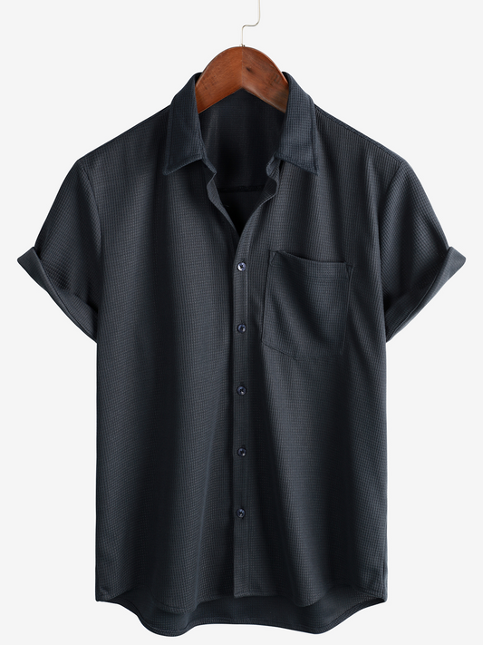 Men's Casual Waffle Short Sleeve Button Up Summer Loose Fit Beach Shirt