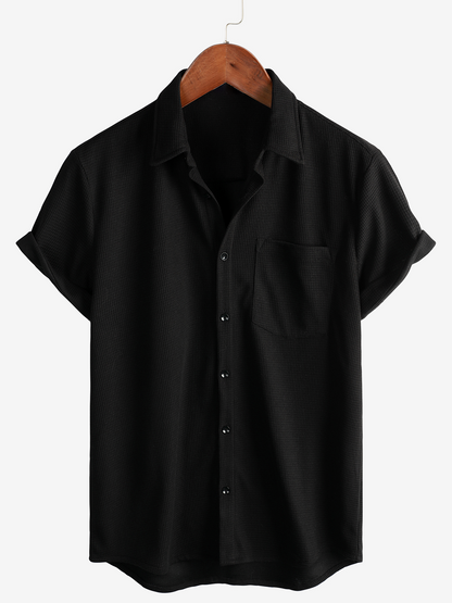 Men's Casual Waffle Short Sleeve Button Up Summer Loose Fit Beach Shirt