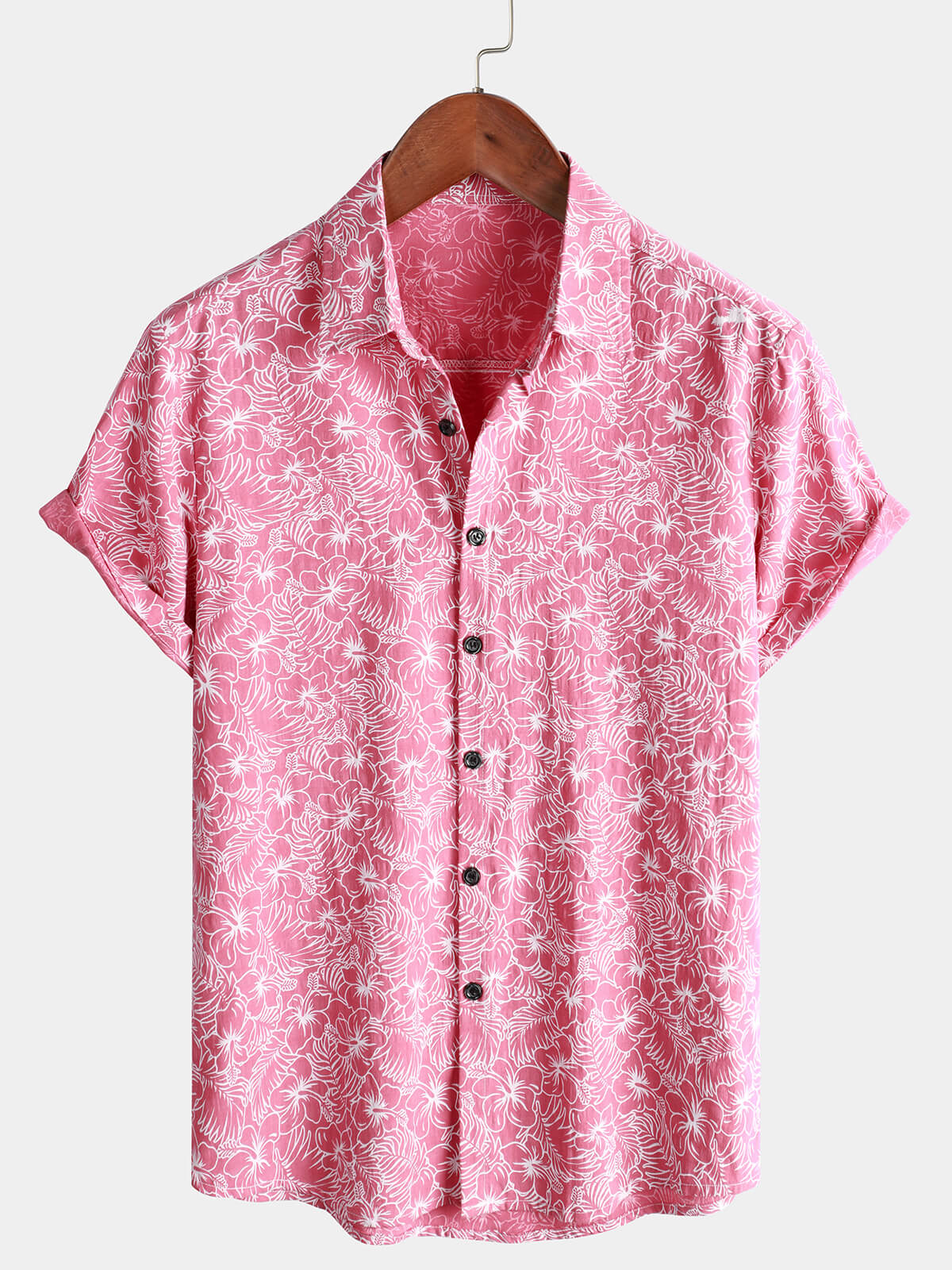 Men's Cotton Floral Holiday Flower Print Button Up Beach Pink Hawaiian Short Sleeve Shirt