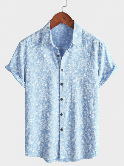 Men's Cotton Floral Holiday Flower Print Button Up Beach Light Blue Hawaiian Short Sleeve Shirt