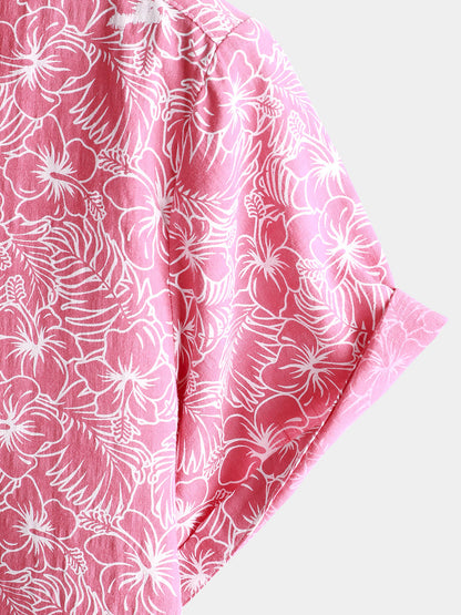 Men's Cotton Floral Holiday Flower Print Button Up Beach Pink Hawaiian Short Sleeve Shirt