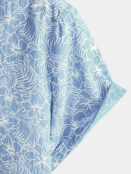 Men's Cotton Floral Holiday Flower Print Button Up Beach Light Blue Hawaiian Short Sleeve Shirt