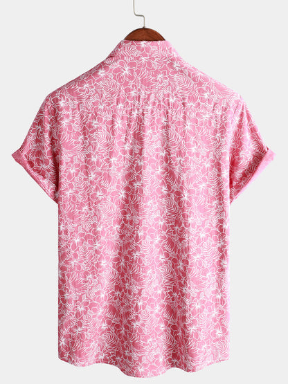 Men's Cotton Floral Holiday Flower Print Button Up Beach Pink Hawaiian Short Sleeve Shirt
