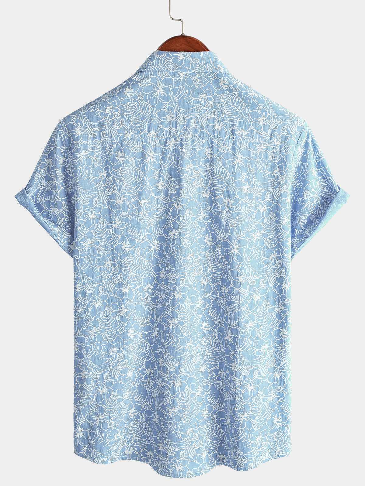 Men's Cotton Floral Holiday Flower Print Button Up Beach Light Blue Hawaiian Short Sleeve Shirt