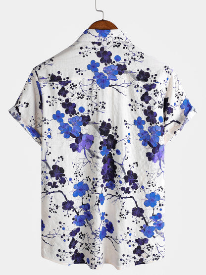 Men's Retro Blue Blossom Summer Holiday Short Sleeve Shirt