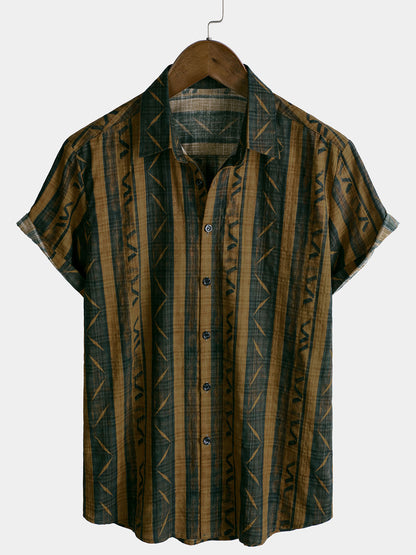 Men's Summer Casual Short Sleeve Cotton Retro Striped Shirt