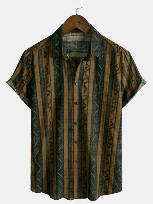 Men's Summer Casual Short Sleeve Cotton Retro Striped Shirt