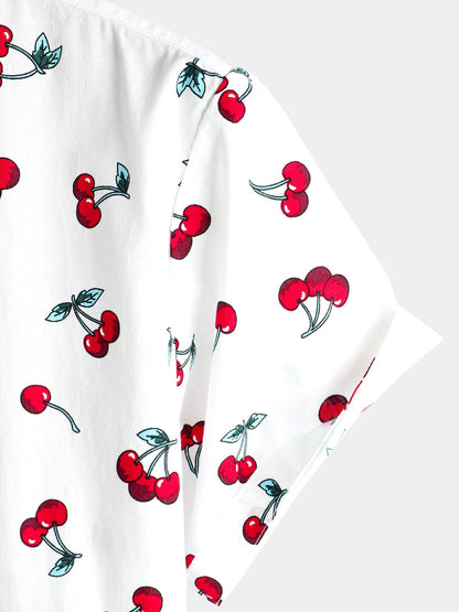 Men's Cherry Floral Print Tropical Hawaii Cotton Shirt