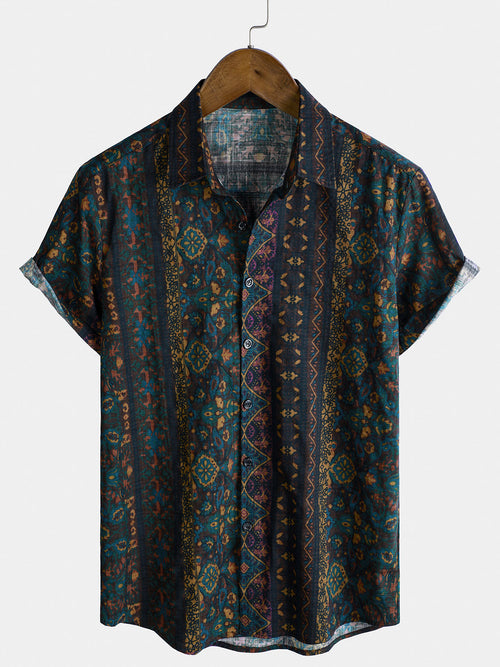 Men's Boho Retro Floral Print Striped Shirt