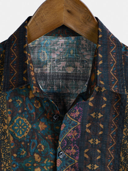 Men's Boho Retro Floral Print Striped Shirt