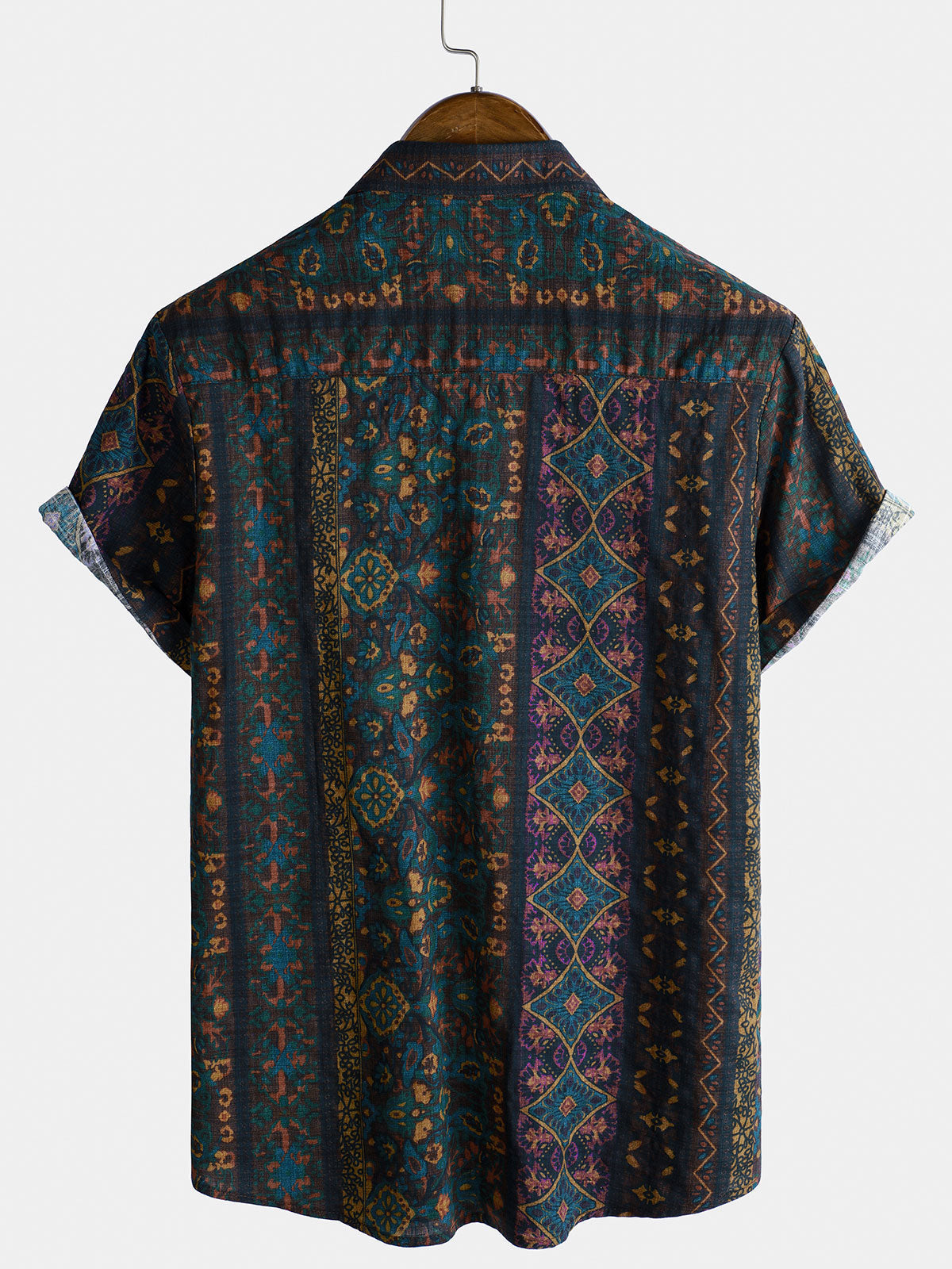 Men's Boho Retro Floral Print Striped Shirt