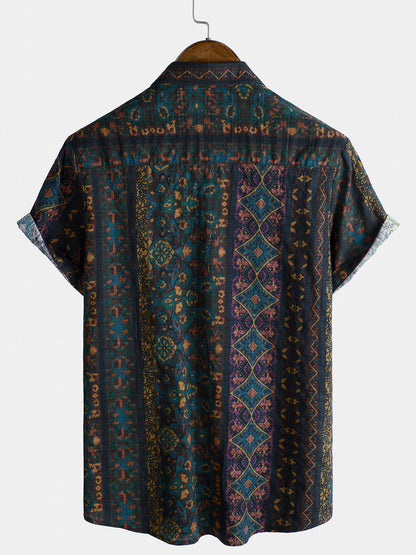 Men's Boho Retro Floral Print Striped Shirt