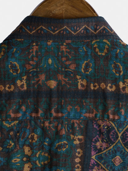 Men's Boho Retro Floral Print Striped Shirt