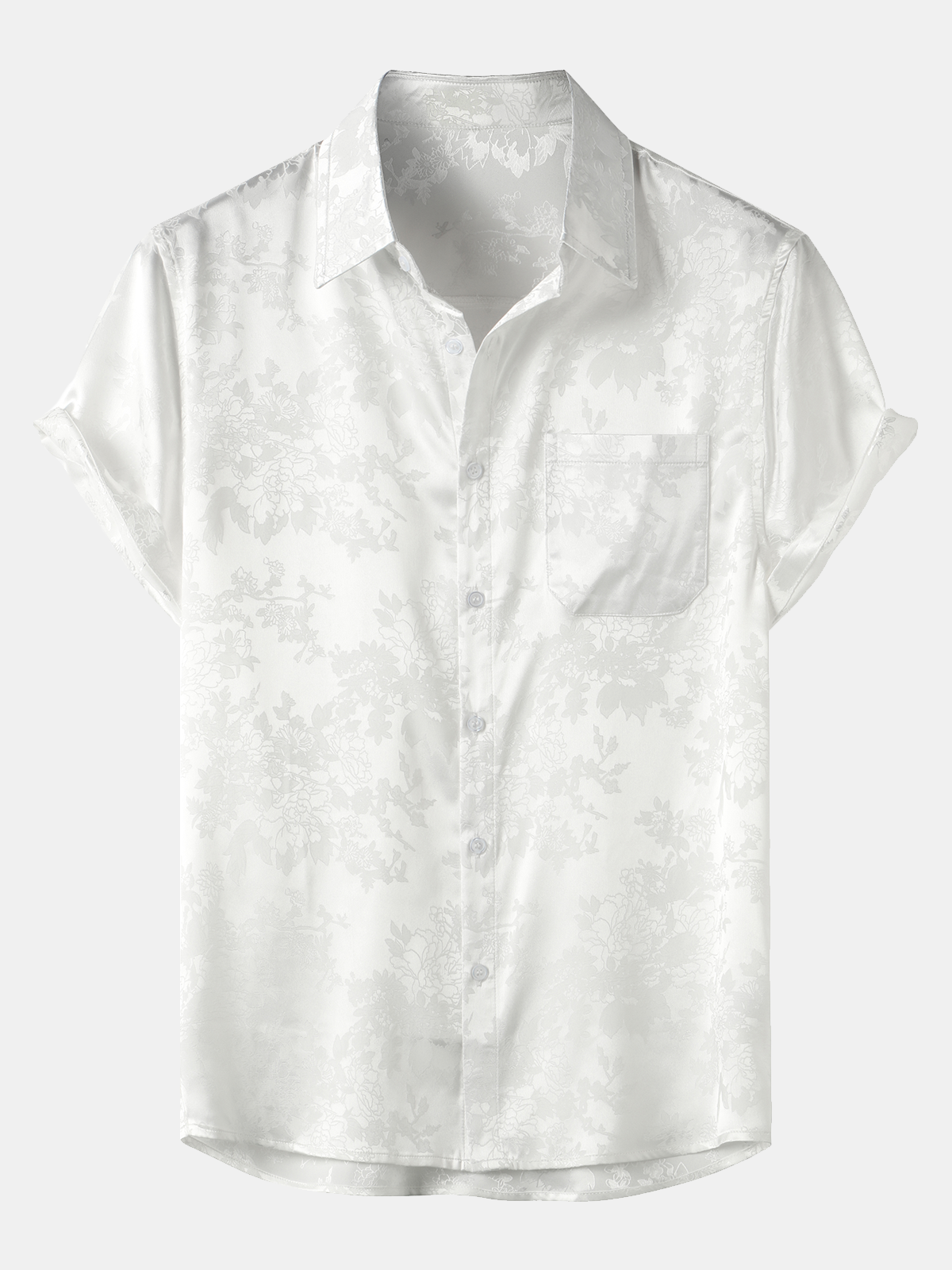 Men's Jacquard Pocket Silky Satin Floral Short Sleeve Shirt