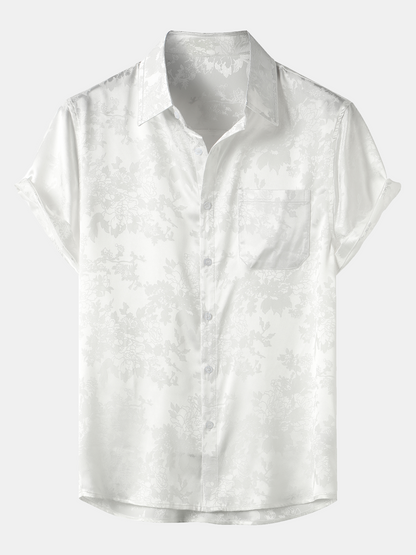 Men's Jacquard Pocket Silky Satin Floral Short Sleeve Shirt