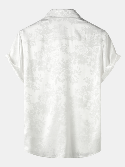 Men's Jacquard Pocket Silky Satin Floral Short Sleeve Shirt