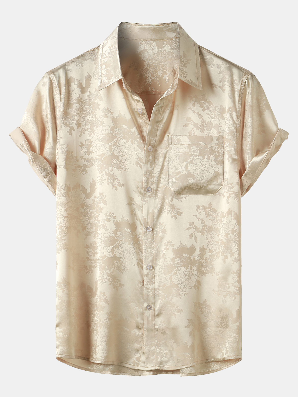 Men's Jacquard Pocket Silky Satin Floral Short Sleeve Shirt