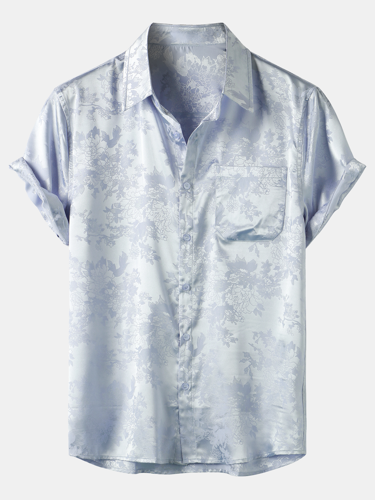 Men's Jacquard Pocket Silky Satin Floral Short Sleeve Shirt