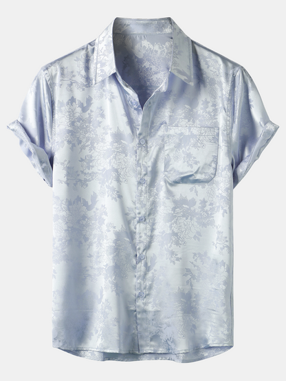 Men's Jacquard Pocket Silky Satin Floral Short Sleeve Shirt