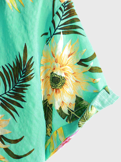 Men's Casual Tropical Floral Print Light Green Hawaiian Holiday Short Sleeve Shirt