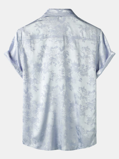 Men's Jacquard Pocket Silky Satin Floral Short Sleeve Shirt