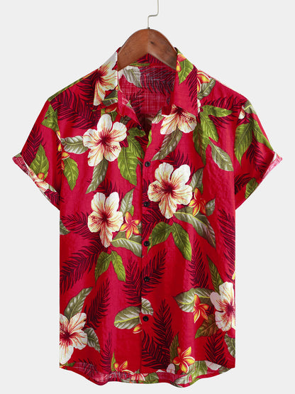 Men's Red Hawaiian Summer Tropical Floral Print Button Up Short Sleeve Shirt