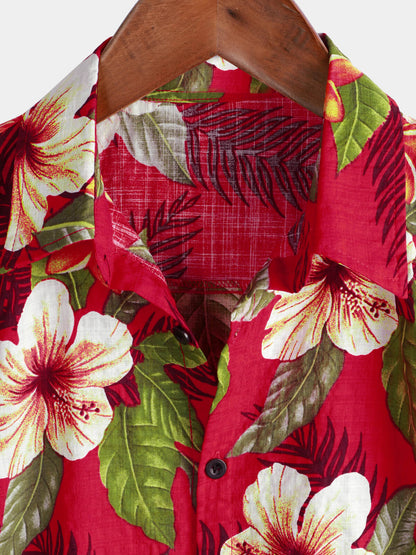 Men's Red Hawaiian Summer Tropical Floral Print Button Up Short Sleeve Shirt