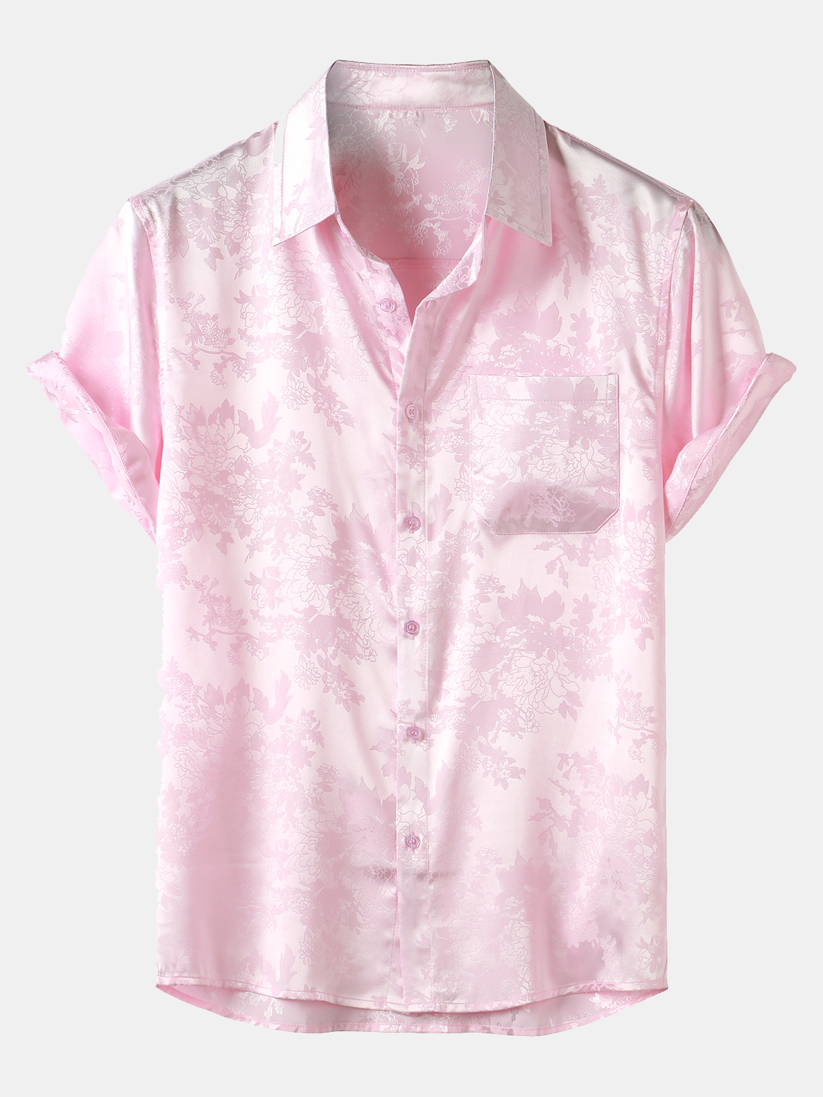 Men's Casual Jacquard Silky Satin Floral Pocket Short Sleeve Shirt
