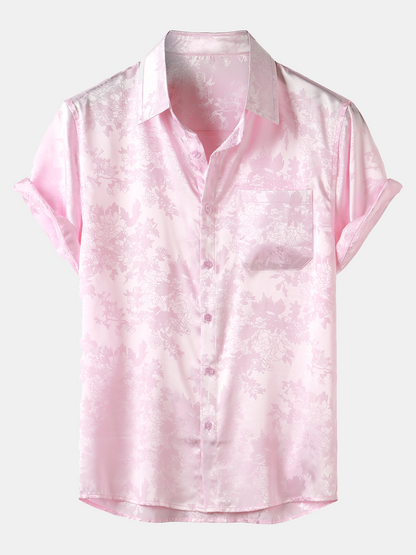 Men's Casual Jacquard Silky Satin Floral Pocket Short Sleeve Shirt
