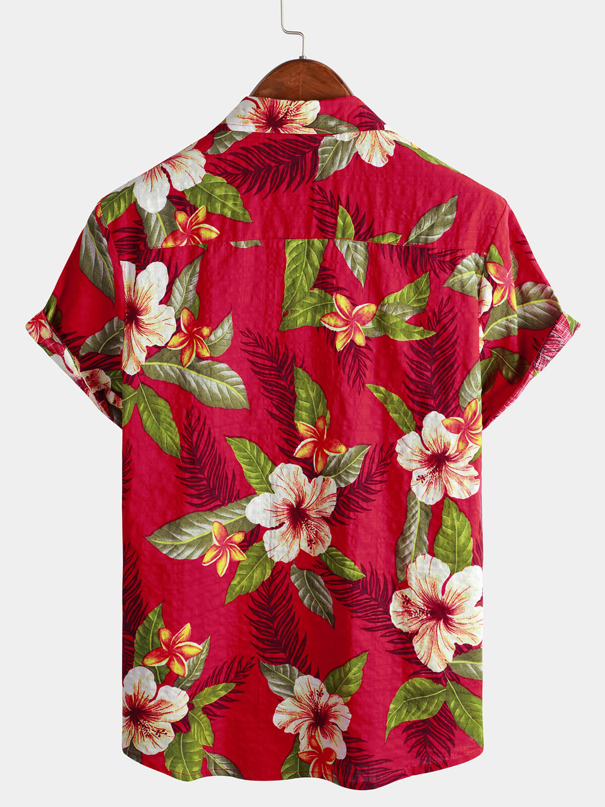 Men's Red Hawaiian Summer Tropical Floral Print Button Up Short Sleeve Shirt