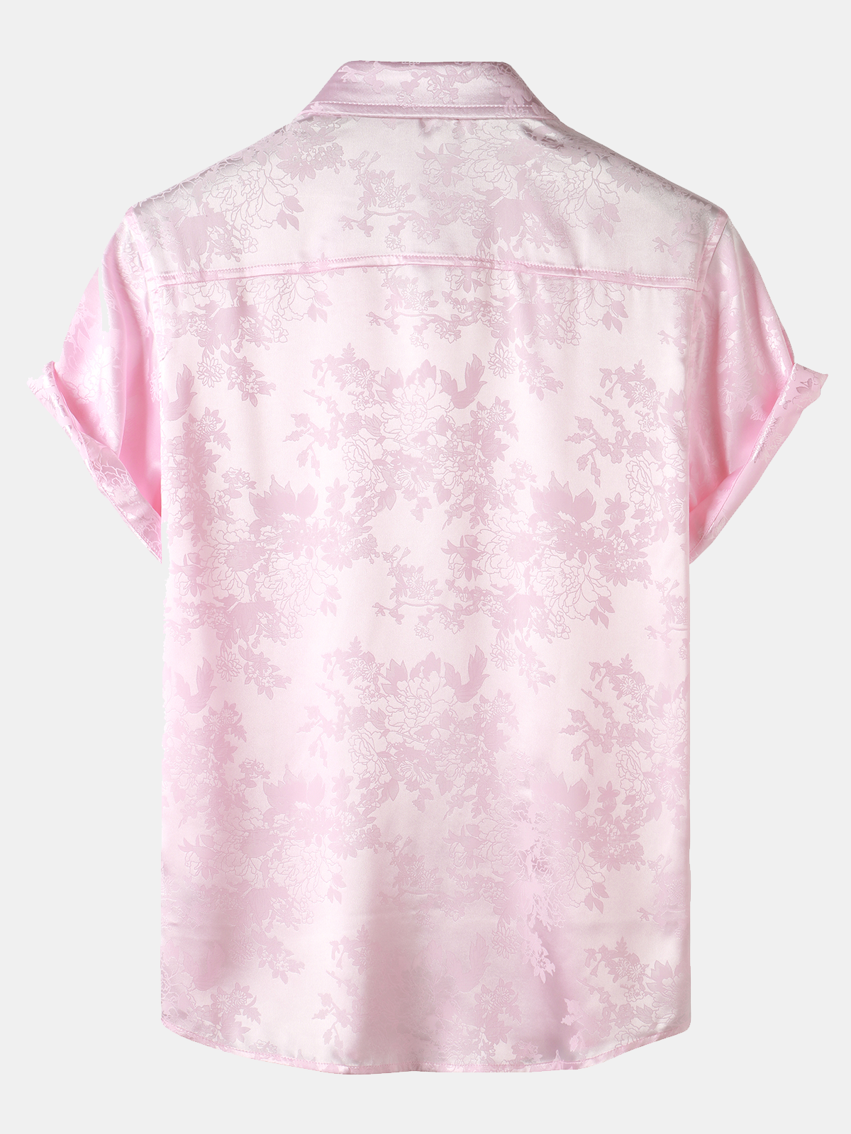 Men's Casual Jacquard Silky Satin Floral Pocket Short Sleeve Shirt
