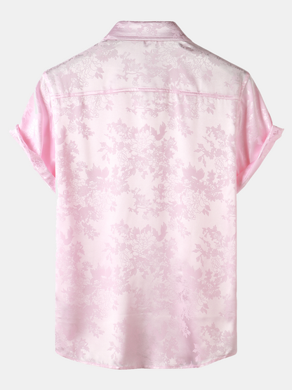 Men's Casual Jacquard Silky Satin Floral Pocket Short Sleeve Shirt