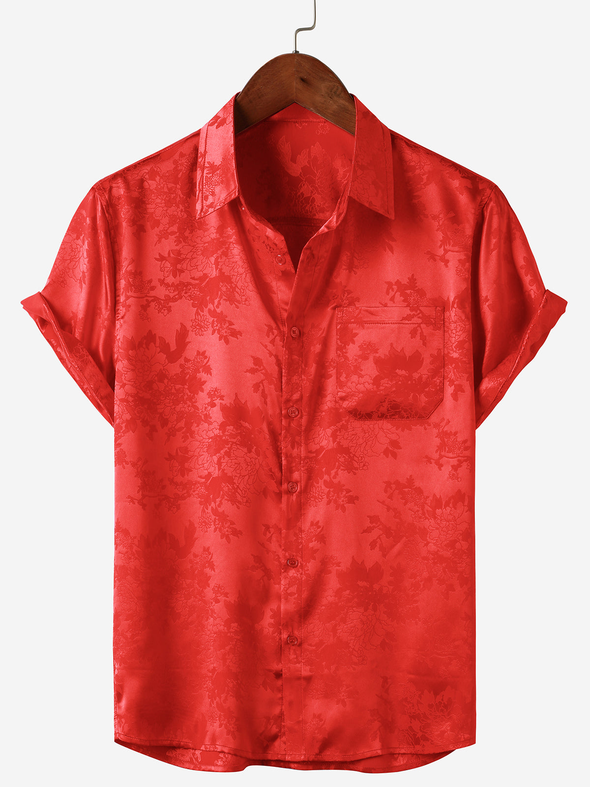 Men's Casual Jacquard Silky Satin Floral Pocket Short Sleeve Shirt