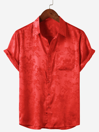 Men's Casual Jacquard Silky Satin Floral Pocket Short Sleeve Shirt